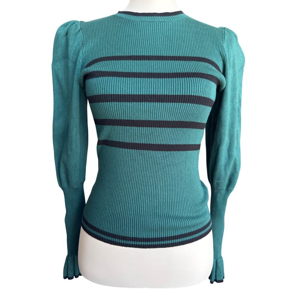 Embossed Rib Knit Puff Sleeve Sweater Green Black Striped Top Size XS